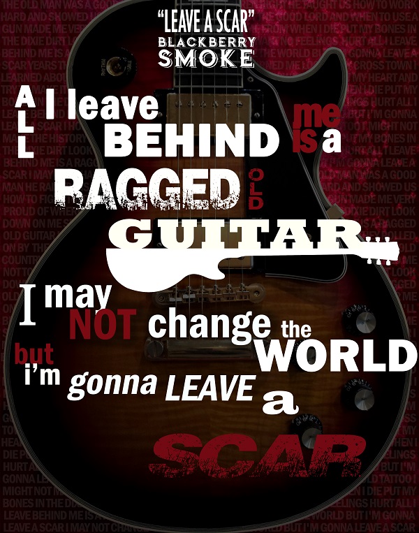 Lyric typography over a image of a guitar